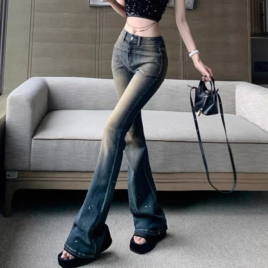 American Style High-waisted Distressed Vintage Jeans Womens Micro Flare Tight Spring Arrival Hip Hop Slim Fit Denim Trousers 240807