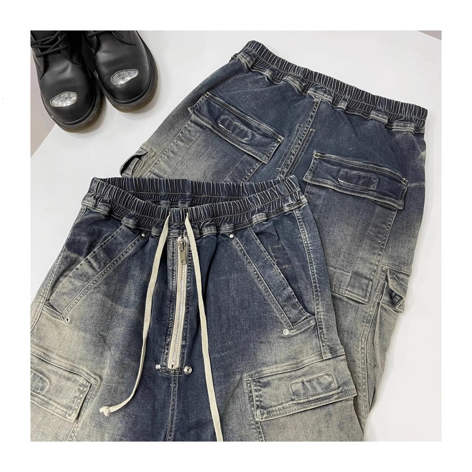 Wash Gradient Blue Multi Pocket Cargo Pants Mens Fashion Street Wide Leg Jeans Haruku Trousers240807