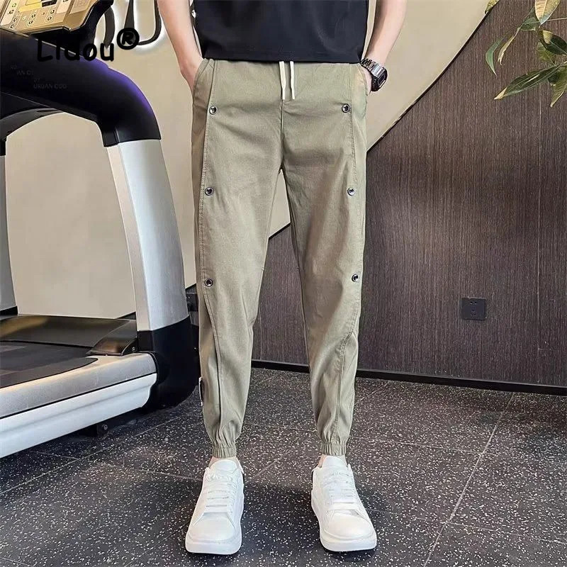 Casual Summer Thin Button Decoration Mens Cargo Pants Pocket Waist Drawstring Harlun Slim Korean Allmatch Male Trousers 240806