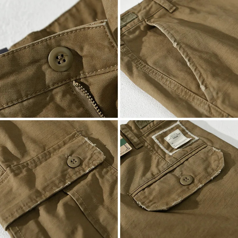 Buckle Back Waist Retro Multi Pockets Workwear Pants Mens Cotton Loose Straight Versatile Casual Distressed Washed Trousers 240806