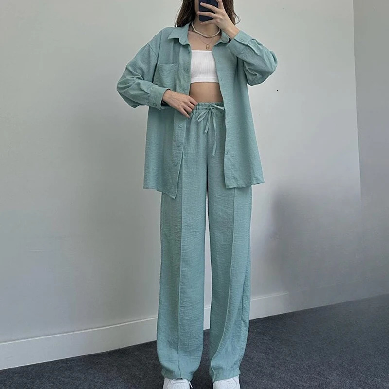 Fashion High Street Lace Up Outfits Spring Autumn Multi Color Women Two Piece Set Casual Collar Button Shirt Pants Sports Suit 240807