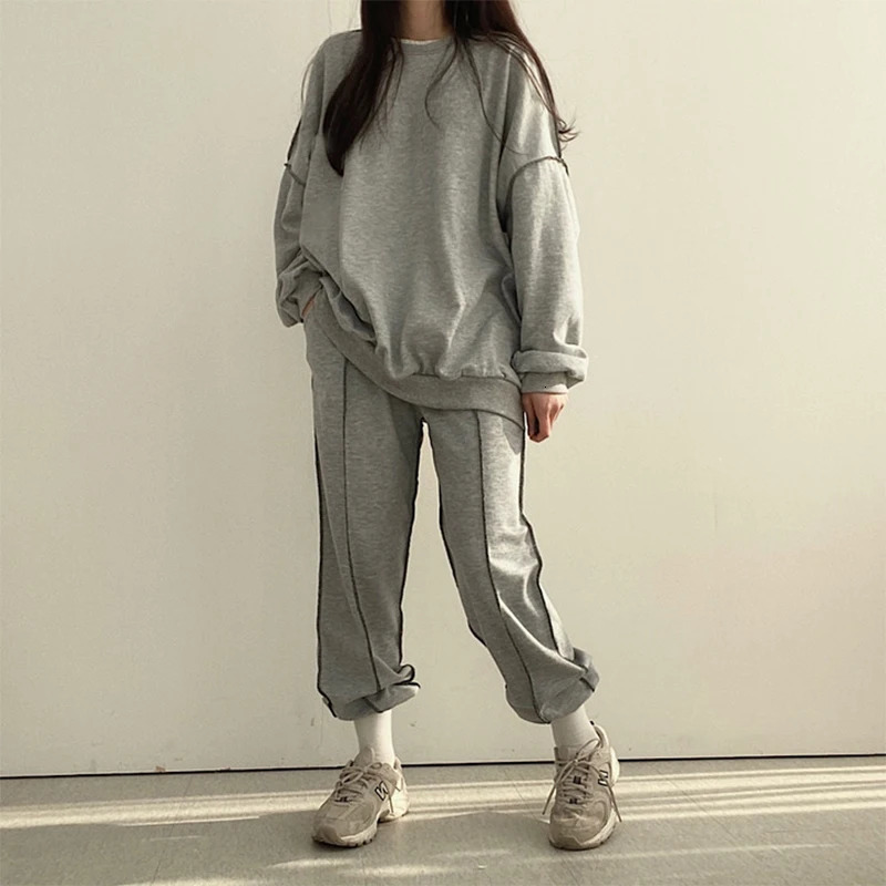 Schinotch Women Tracksuit Long Sleeve Warm O-neck Solid Color Pullover Hoodie Sweatpants Sport Outfit Jogger Set 240807