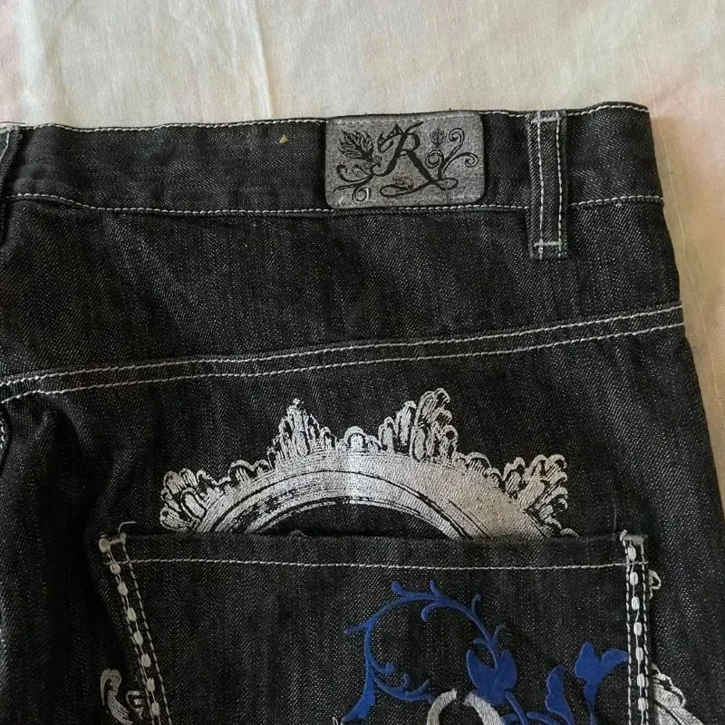 American Retro Jeans Y2K Large Pattern Denim Loose Gothic High Waist Wide Pants Street Clothing 240819