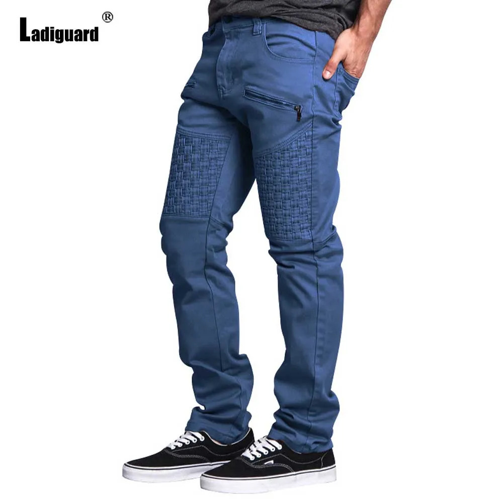 Ladiguard Mens Casual Stand Pocket Pants Solid Blue Cargo Trouser Men Streetwear Plus Size Fashion Pleated Sweatpants 240806