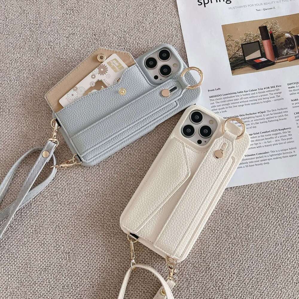 Ring Crossbody Wrist Strap Wallet Leather Cover for IPhone 15 14 13 12 11 Pro Max Phone Case with Card Slot Holder Lanyard