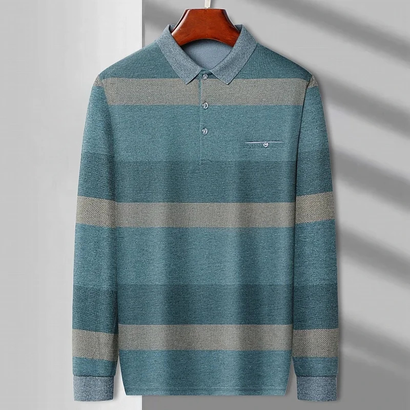 Mens Casual Stripe Plaid Long Sleeve Polo Shirt Fashion Solid Polo Top o240814
