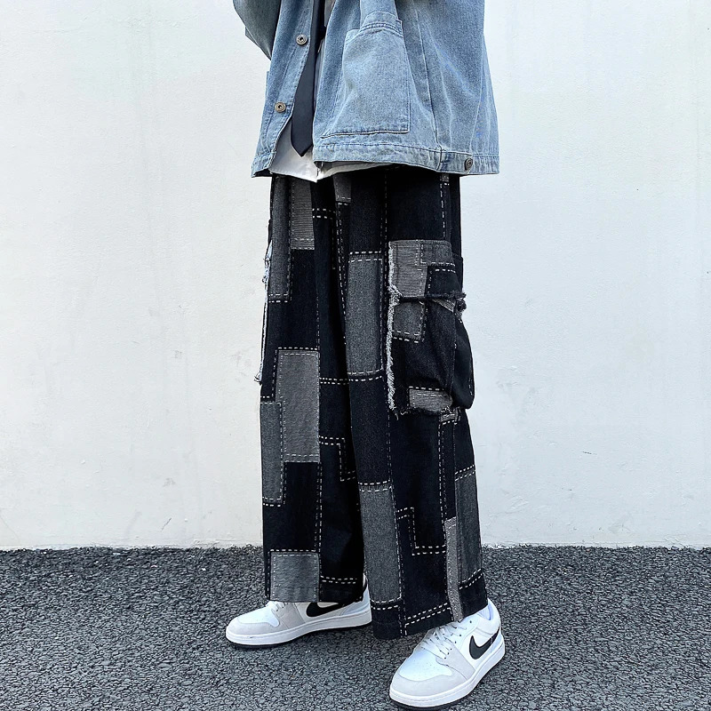 Korean fashion loose wide leg jeans mens hip-hop mens denim harem straight pants freight denim jeans street bag casual denim240806