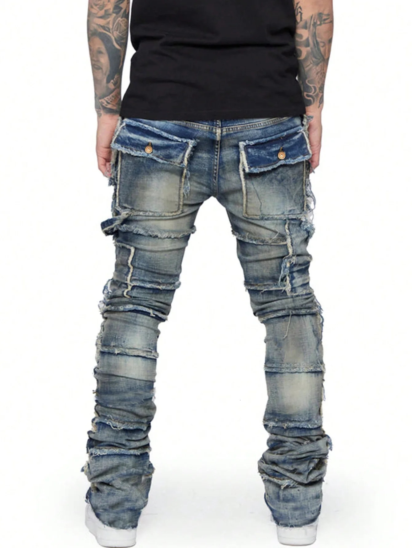 Elastic retro cargo jeans mens tear washed Y2k pants straight leg patch denim Trousers item 240819