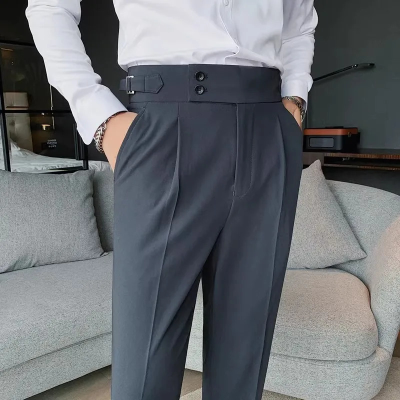 Autumn England Style High Waist Suit Pants Men Solid Quality Slim Fit Business Casual Trousers Formal 240806