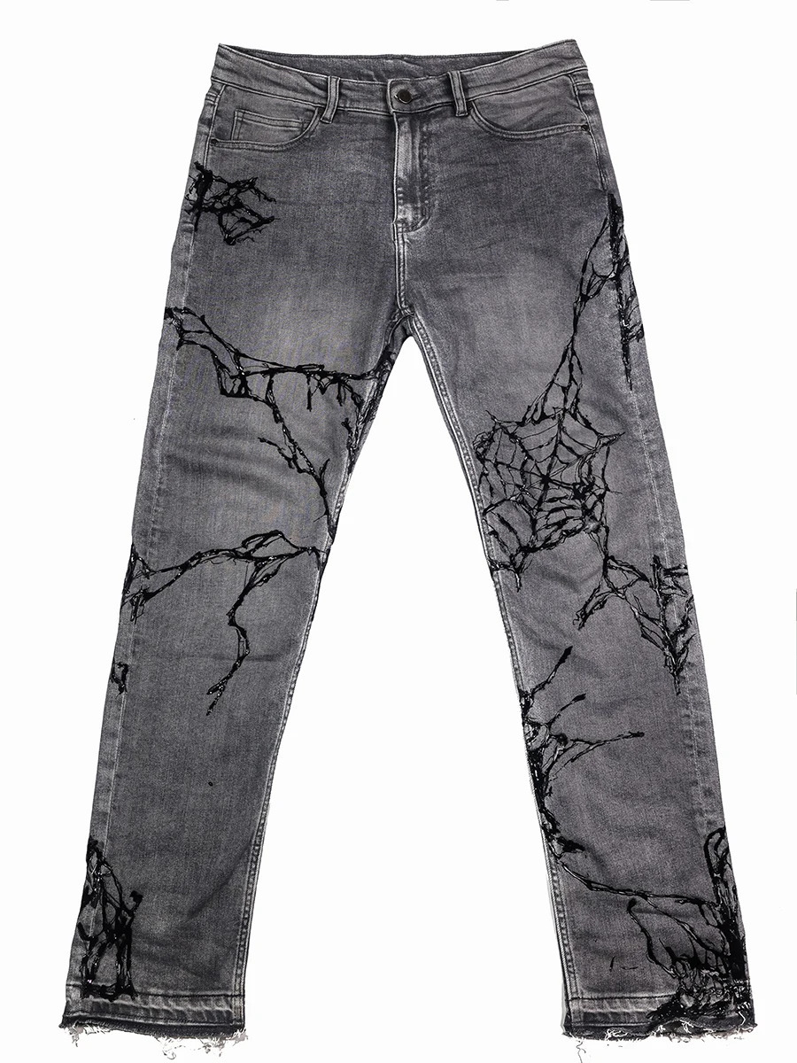 AvantGarde Style Pants Handpainted Drip Glue Brush Wax Heavy Washing Stretch Jeans Men Autumn 240806