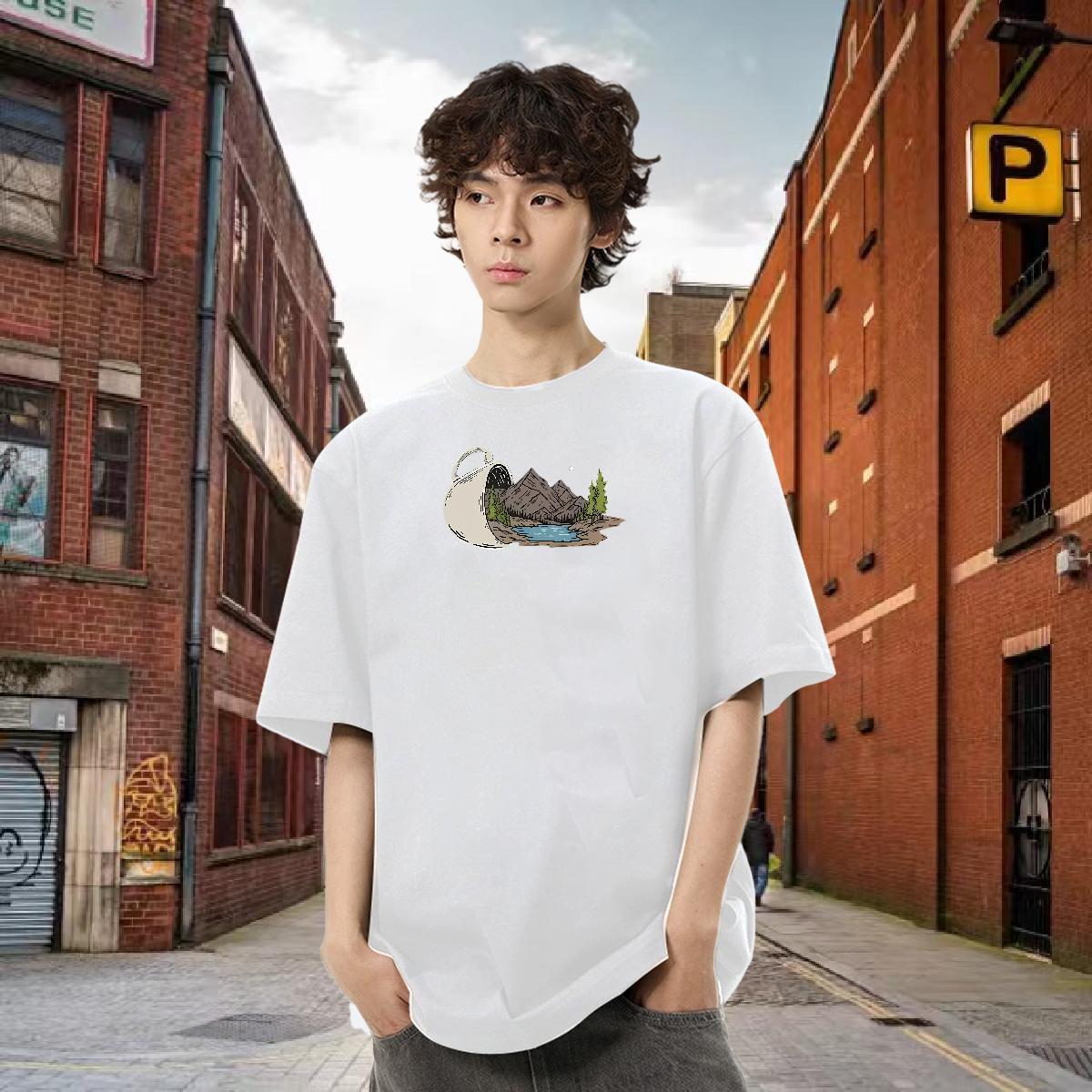 Classic T Shirt For Man mountains Clothes 230g Cotton Casual Beach Brand DIY Printed Breathable Short Sleeve Men Tops Tees