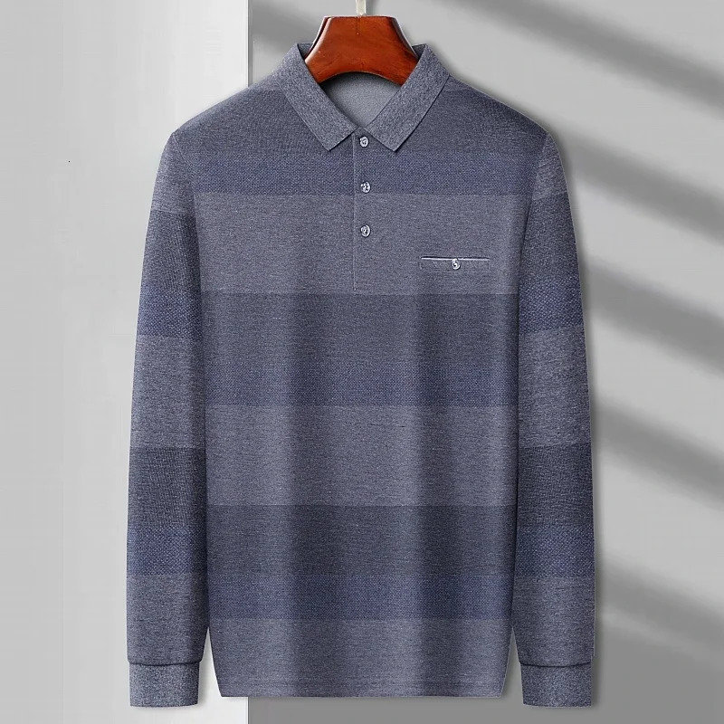 Mens Casual Stripe Plaid Long Sleeve Polo Shirt Fashion Solid Polo Top o240814