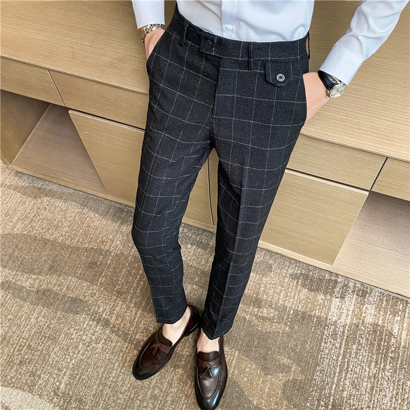 Fashion High Quality Men Suit Pants Straight Spring Autumn Long Male Plaid Classic Business Casual Trousers Full Length 240806