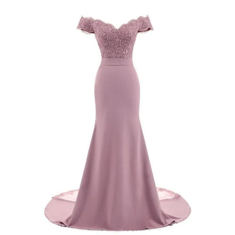 Dusty Pink Bridesmaid Dresses Mermaid Floral Lace Applique Beaded V Neck Wedding Guest Evening Gowns Off The Shoulder Prom Dress
