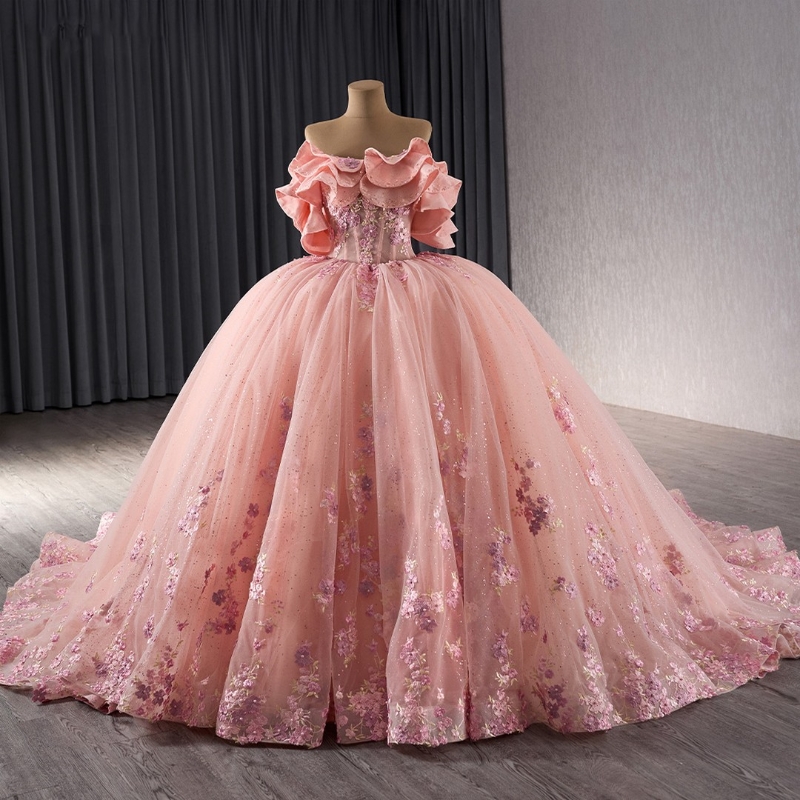 Pink Gillter Princess Off Shoulder Quinceanera Dresses Applique Lace Beads Tull Lace-up Corset Sweet 16 Ball Gown Vestidos De 15 Anos