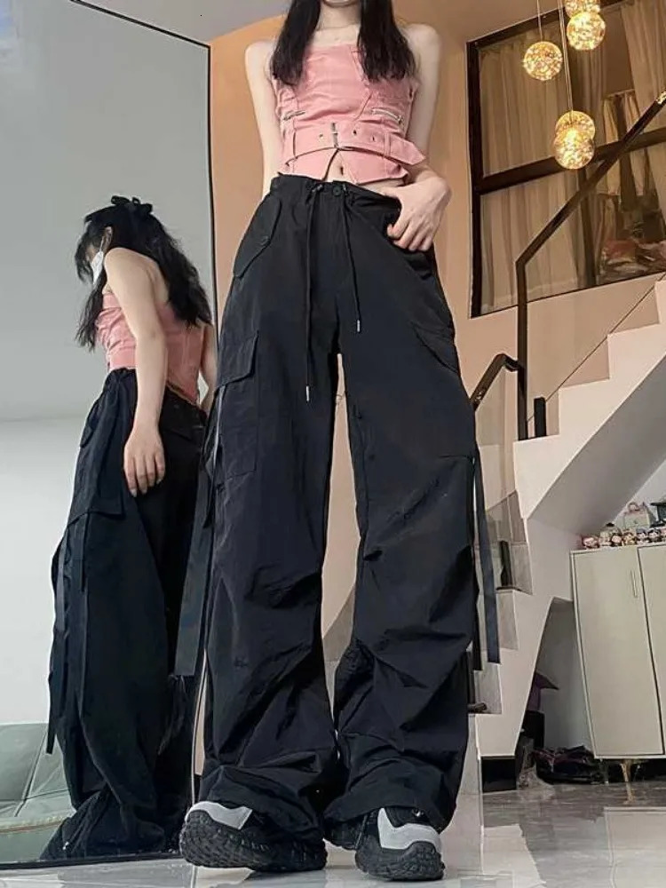 Deeptown Vintage Cargo Women American Retro Fashion Y2k Casual High Street Solid Loose Wide Leg Pants Summer Z260314