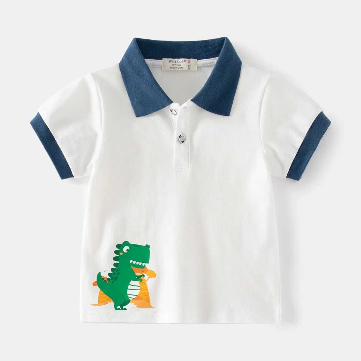 Boys casual polo shirt summer childrens dinosaur printed cotton short sleeved lapel T-shirt top childrens clothing 2-6Y W241223