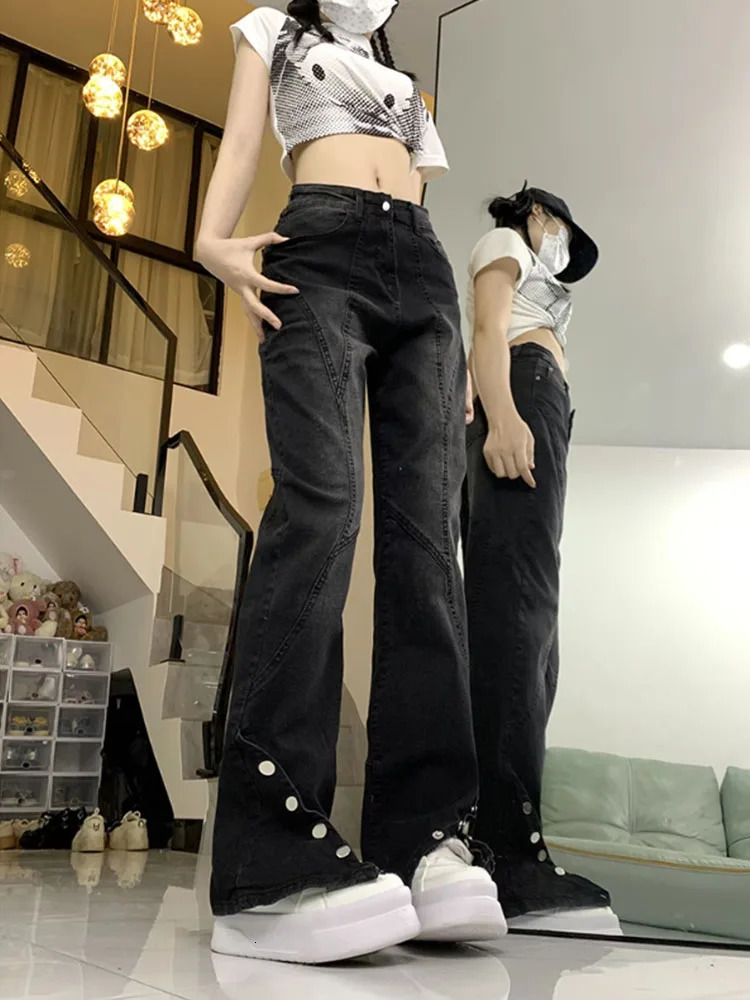 American Style High Street Denim Bell Bottoms Women High Waist Rivet Straight Pants Summer Fashion Jean Trousers Y2k Streetwear 240807