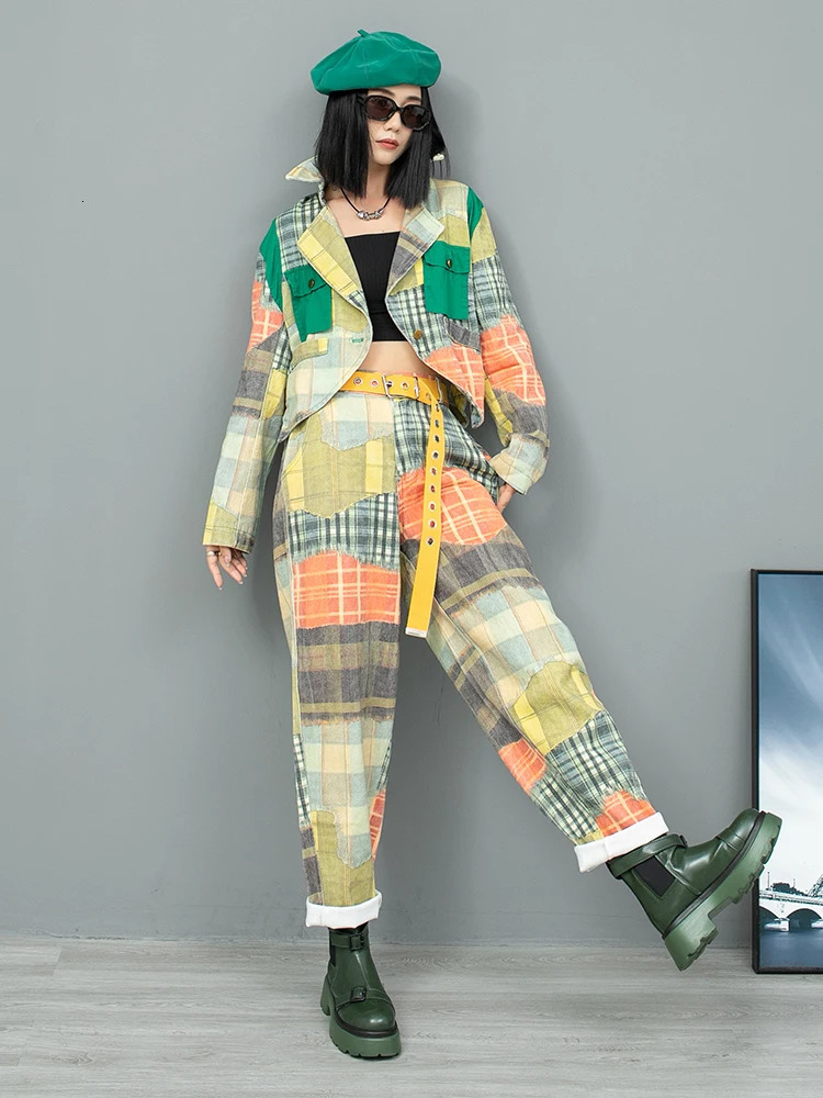 Sweet Cool Contrasting Printed Denim Long Sleeved Suit Collar Jacket Harem Pant Two Piece Set Women Autumn LX1852 240807