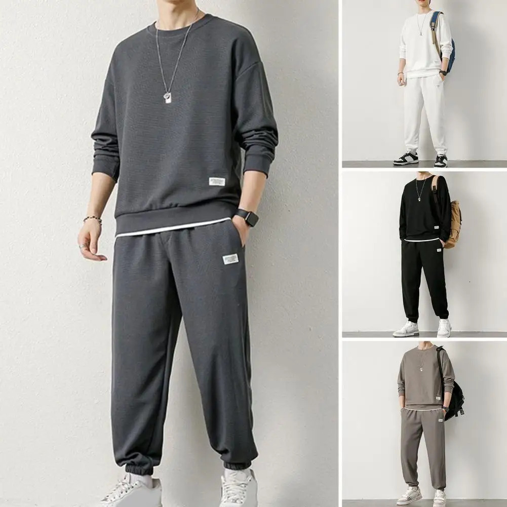 Men Casual Two-piece Set Mens Waffle Texture O-neck Long Sleeve Top Elastic Waist Sweatpants Set Solid Color Casual for Spring 240813