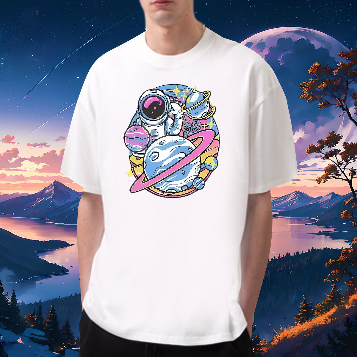 2024 New Men T Shirts spaceman Tee Shirt 230g 100% Cotton Hip Hop Brand White Plus Size O Neck Short Sleeves Men Tshirts