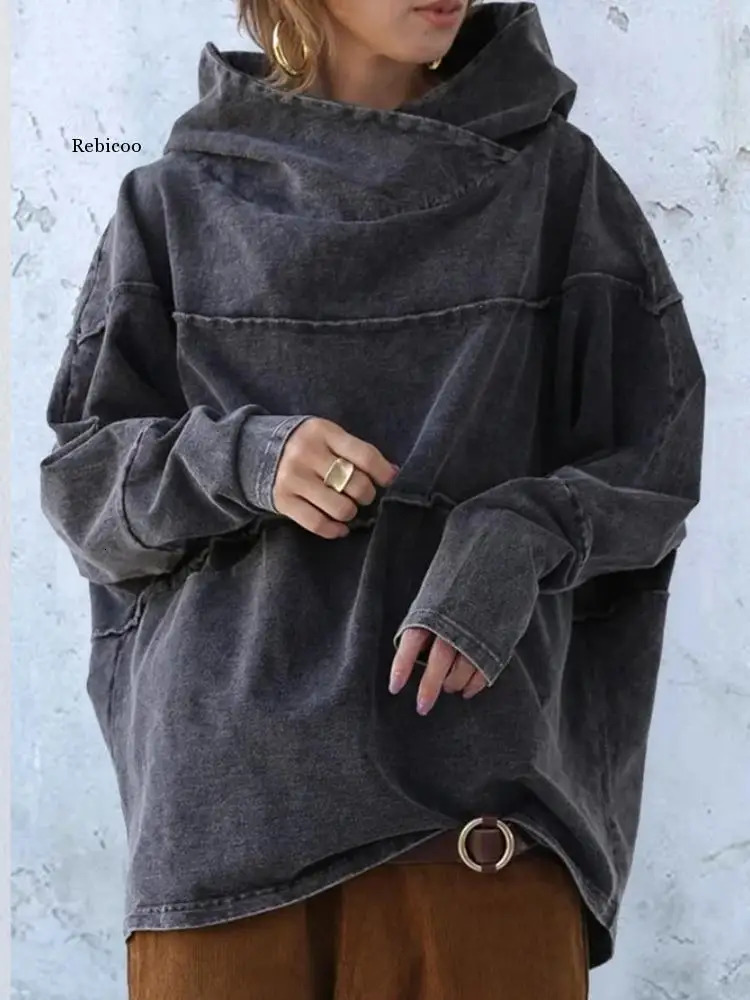 Tool loose washing denim top autumn splicing long sleeved gray hooded sweater street fashion solid color urban leisure 240806