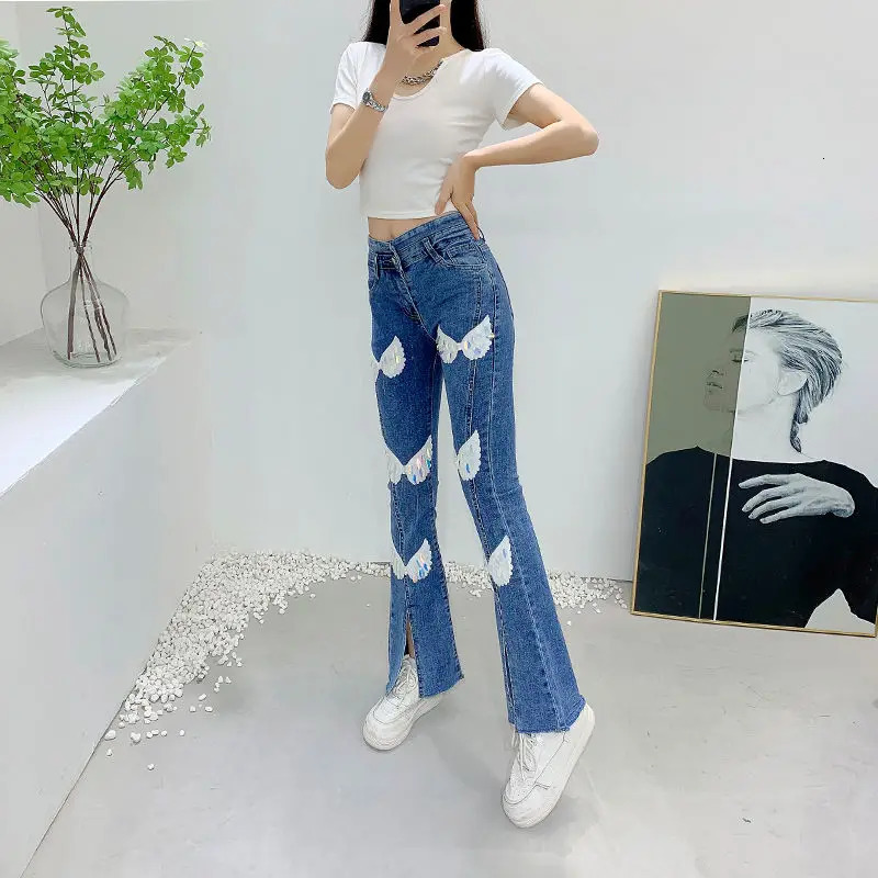 Embroidery Sequin Wing Skinny Tight Stretch High Waist Slim Flare Denim Pant Bootcut Bell Bottom Jeans Women mom y2k oversized 240807