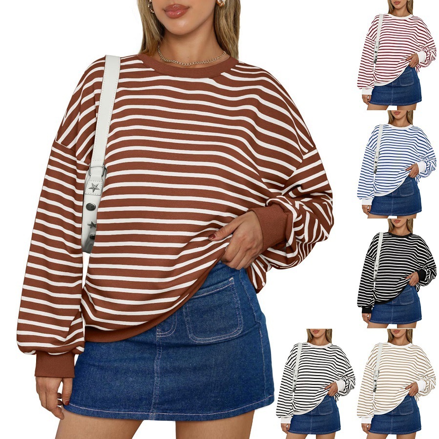 2024 women's autumn and winter new item striped long sleeved round neck oversized sportswear Y2K sweatshirt