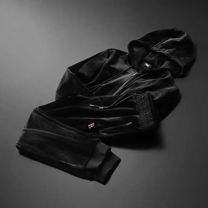 High end Leisure Sports Hooded Set Mens Gold Velvet Two piece Loose Autumn and Winter Wear 240808