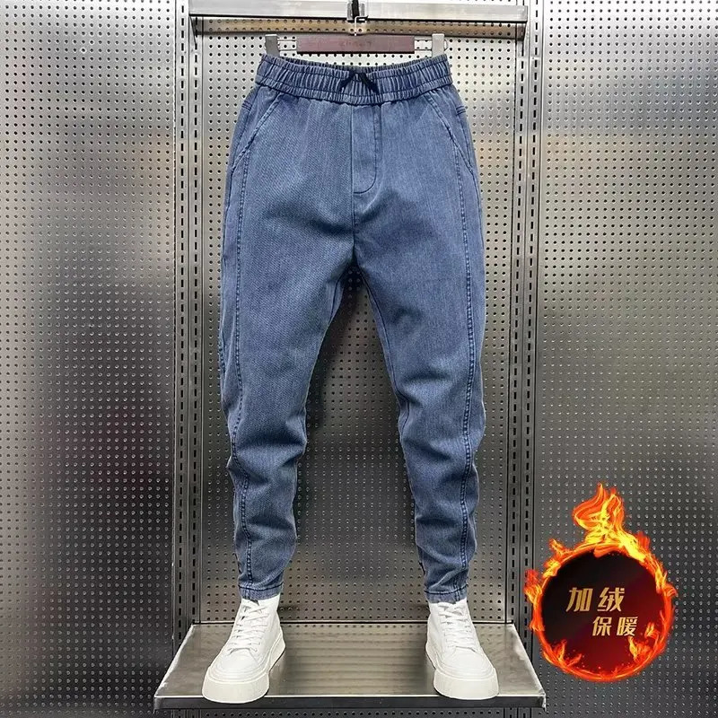 Fashion Street Style Skinny Jeans Men Warm Plus Velvet Denim Pants Vintage wash Solid Trouser Mens Casual denim 240806