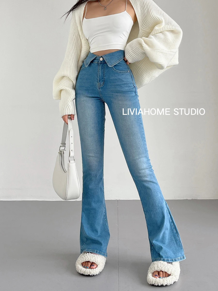 Skinny Tight Stretch Flare Jeans Denim Pant with Turndown Collar high waist y2k pants elegant slim slight bootcut bell bottom 240807