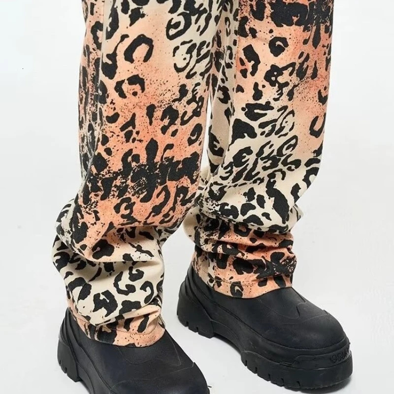 High Street Retro Jeans Mens Washed Old Leopard Print Full Cowboy Trousers Hip Hop Straight Wide Leg Denim Overalls Summer 240806