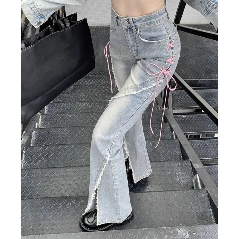 Woman High Waist Y2k Flare Jeans Girls Pink Strap Harajuku Bell Bottom Pants Lady Fashion Spliced Light Blue Denim Trousers 240807