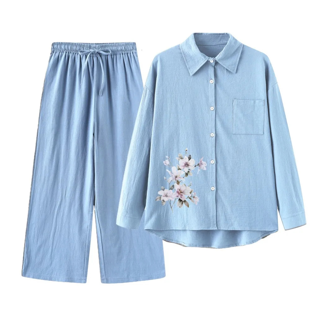 Fashion Cotton Linen Printed Long-sleeved Shirt Womens Suit Spring Autumn Casual Loose Wide-leg Pants Elegant Female 2piece Set 240807