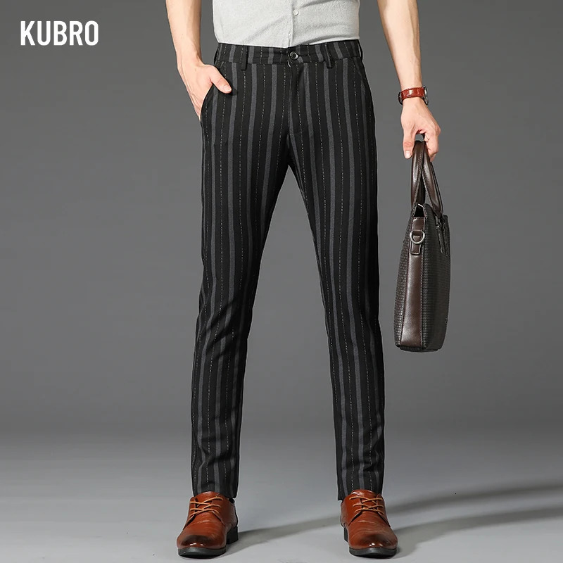 KUBRO Spring Autumn Stripe Pants Men Classic Business Elastic Waist Slim Formal Suit Casual Trousers Fashion High Quality 240806