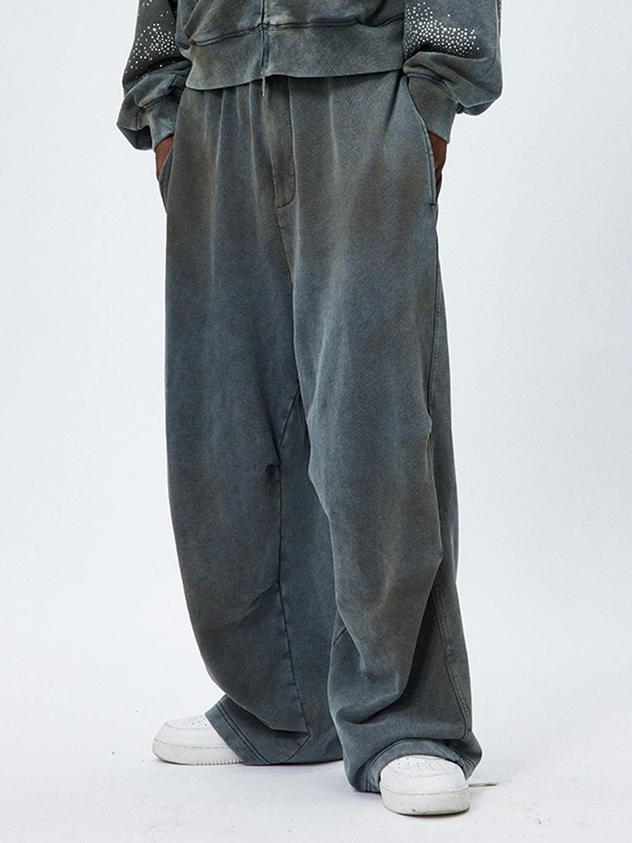 Style Retro Hip Hop Wash Made Of Old Mud Dye Drawstring Wide Leg Casual Pants Loose Sweatpants Man 240806