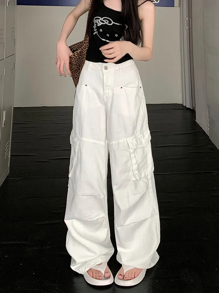Cyber Y2K Fashion White Pleated Baggy Jeans Cargo Pants Women Clothes Multi Pockets Straight Wide Leg Lady Trousers 240807