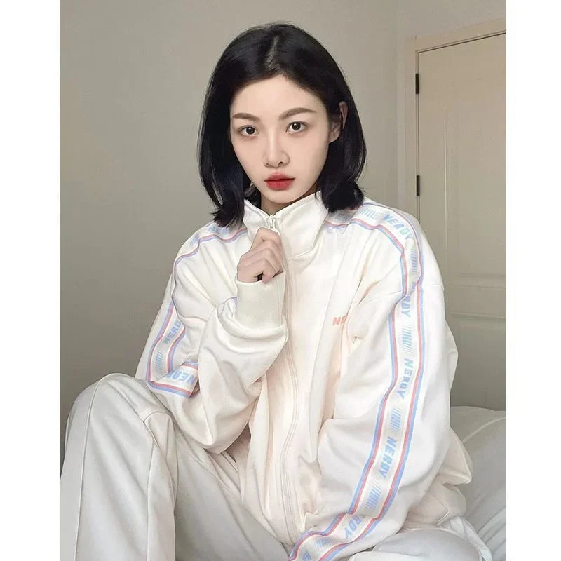 Korean Casual Sports Set Women Harajuku Zipper Cardigan Jacketbaggy Wide Leg Pants Spring Autumn 2pcs Sets Fashion Tracksuit 240807
