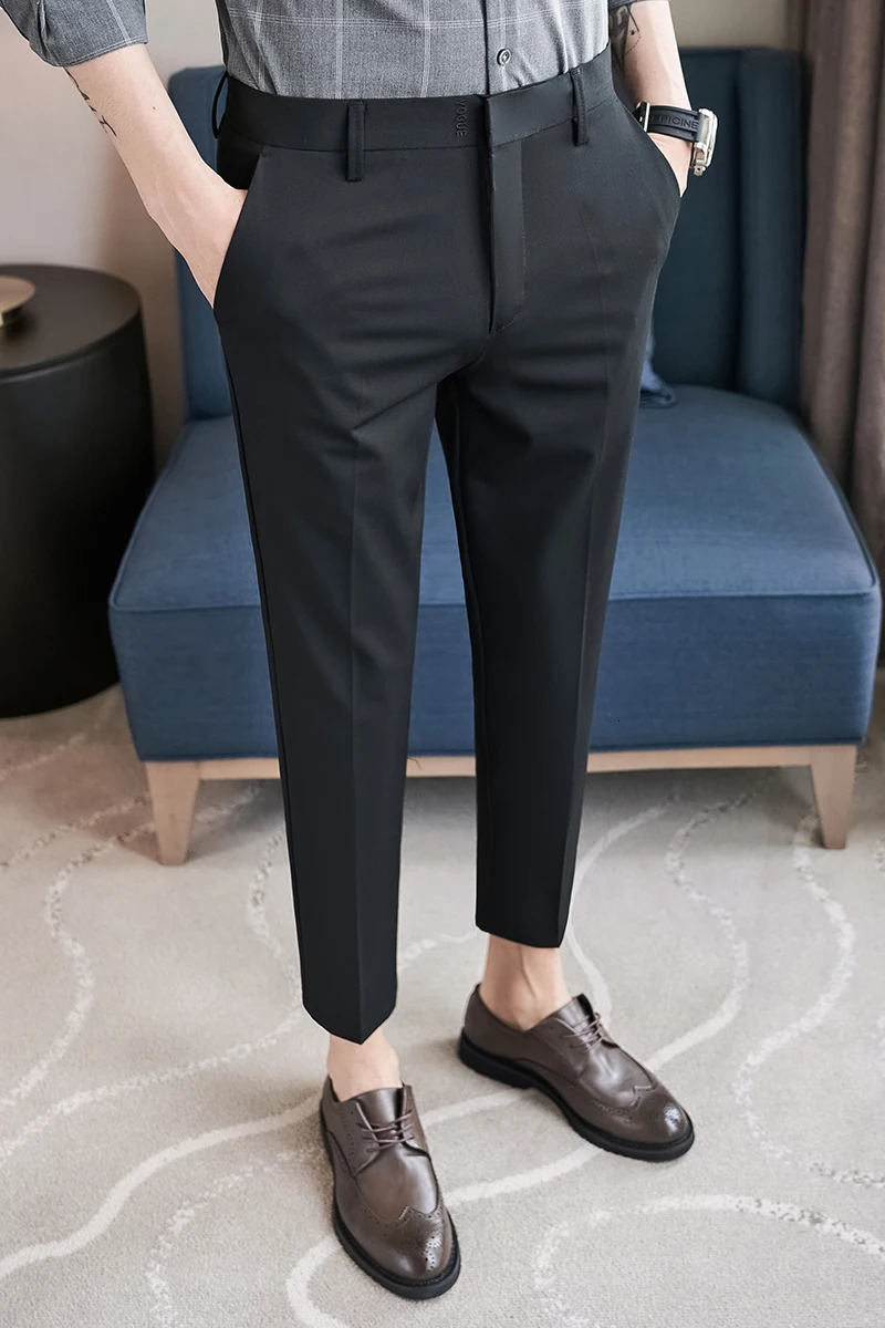 Mens English Style Solid Highwaisted Casual Slim Fit Pants Highquality Dress Business Leisure 36 240806
