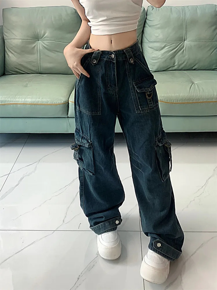 Roupa Y2K Streetwear Vintage Blue Multi Pockets Pleated Baggy Jeans Pants For Women Gothic Clothes Rock Lady Trousers 240807