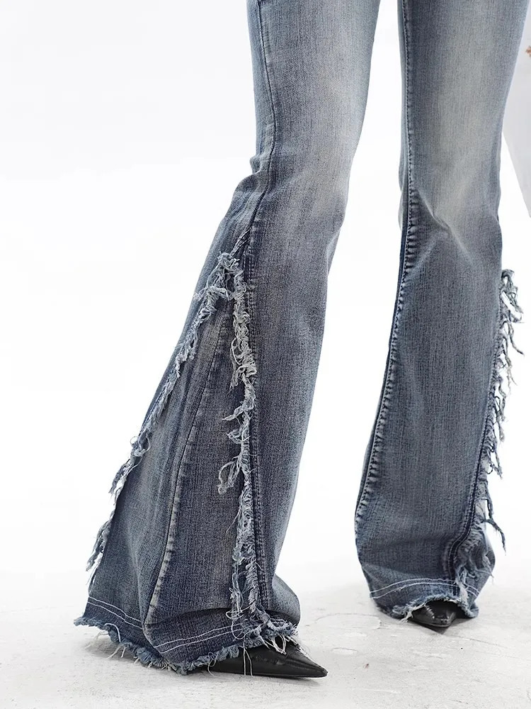American Retro Y2K Flare Jeans Scratched Slim Bell Bottoms Women Fashion Denim Pant Raw Edge Trousers Hip Hop Street Style 240807