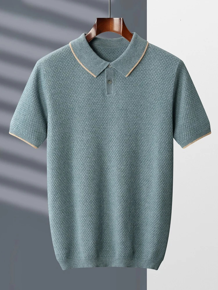 High quality spring and summer 100 pure cashmere mens sweater POLO collar knitted floral youth casual top short sleeved shirt 240807
