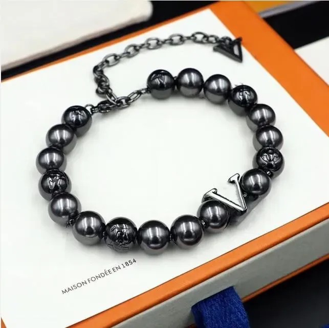 Metal Black Pearl Punk Bracelet for Men Women Charm Beaded Bracelets Designer Jewelry Accessories Brand Bangle Black hand chain Best Couple Gifts