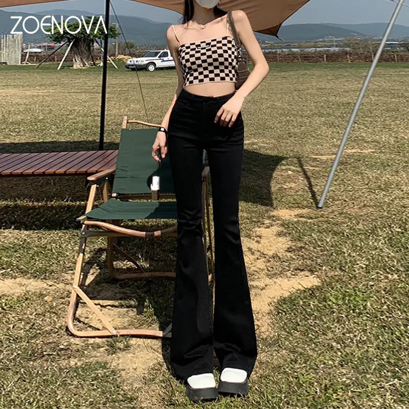 ZOENOVA Korean Flares Fashion High Waist All Match Street Wear Wide Leg Pant Harajuku Solid Color Bell Bottom Trousers Y2k Denim 240807