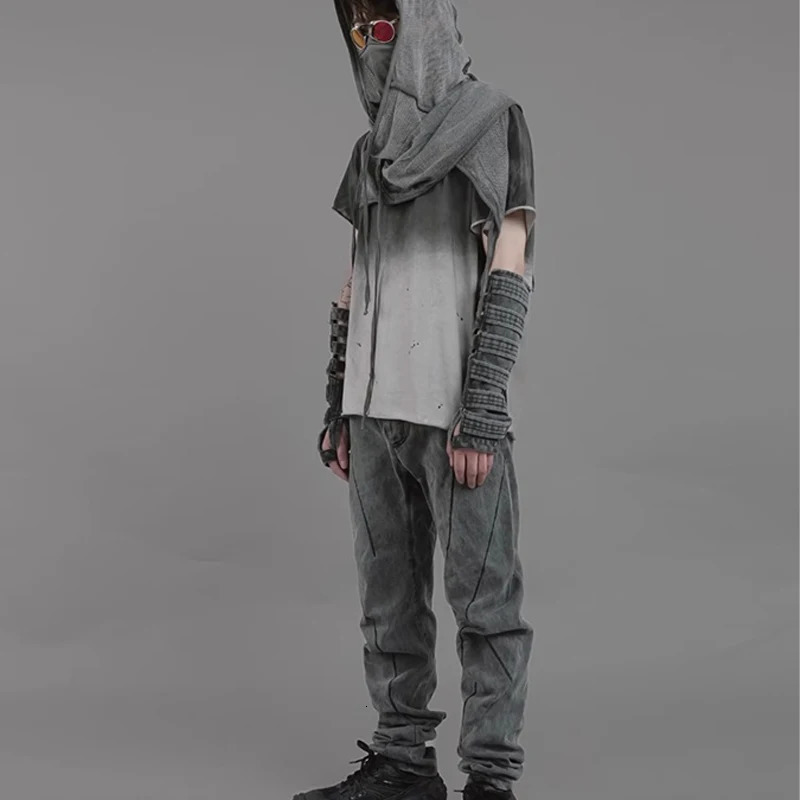 Sand Style Spiral Curve Cutting Straight Casual Pants Men Washed Distressed Grey Trousers 240806