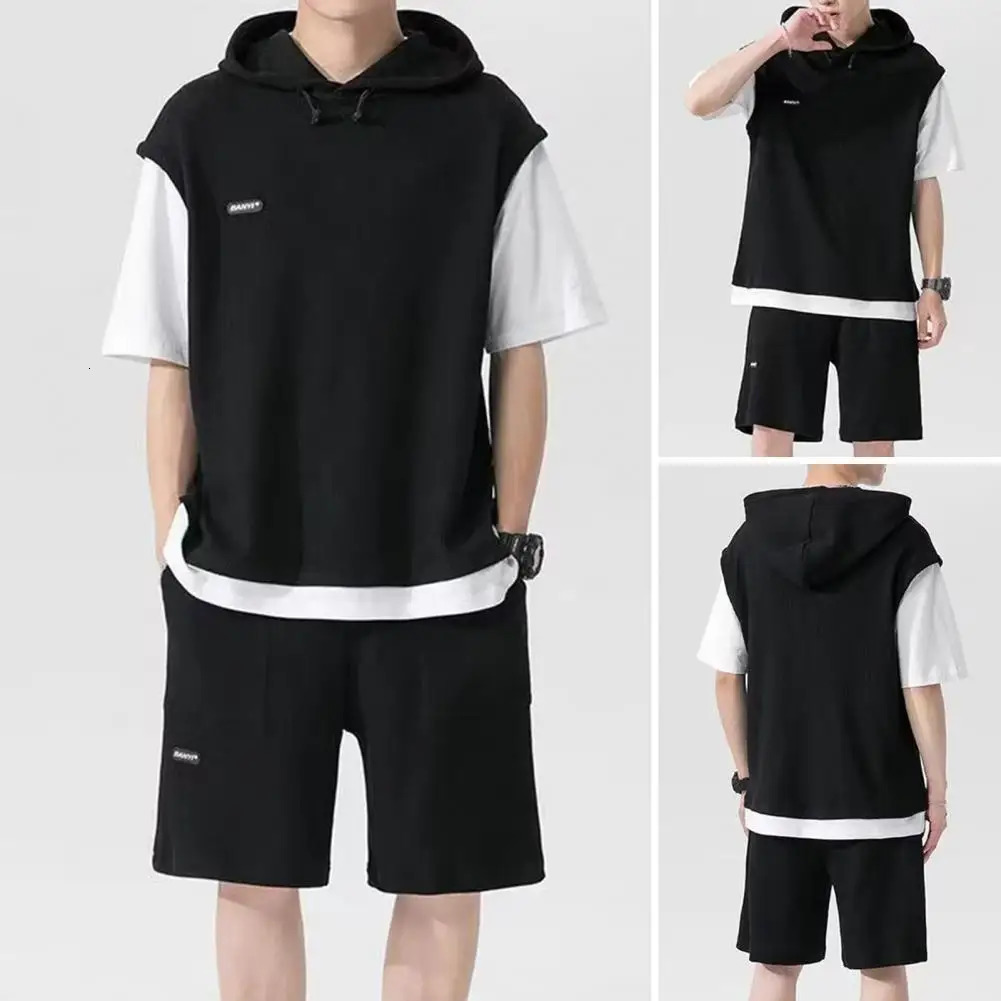 Loose Breathable T-shirt Shorts Set Two-piece Loose Fit Outfit Mens Casual Sport Outfit Set with Hooded Drawstring for Active 240813