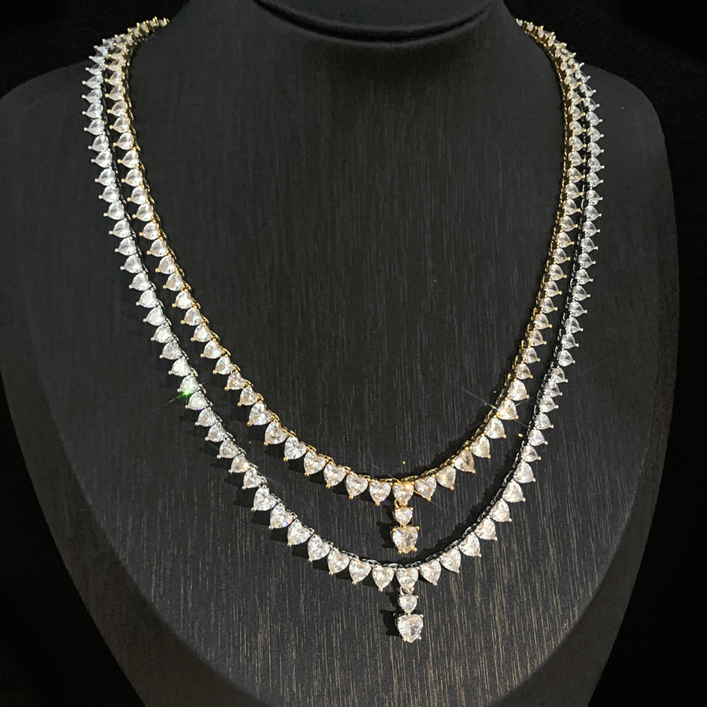 Tennis Chain Necklace: Prong Set White Heart CZ, Iced Out, Bg