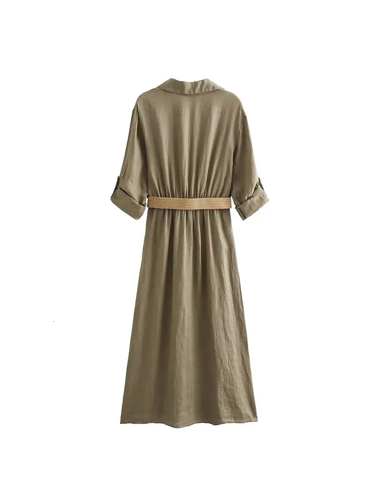 Nlzgmsj TRAF Khaki Shirt Midi Dress Woman Belt Button Long Dress Women Office Dresses for Women Turn Up Sleeve Casual Dress 240807