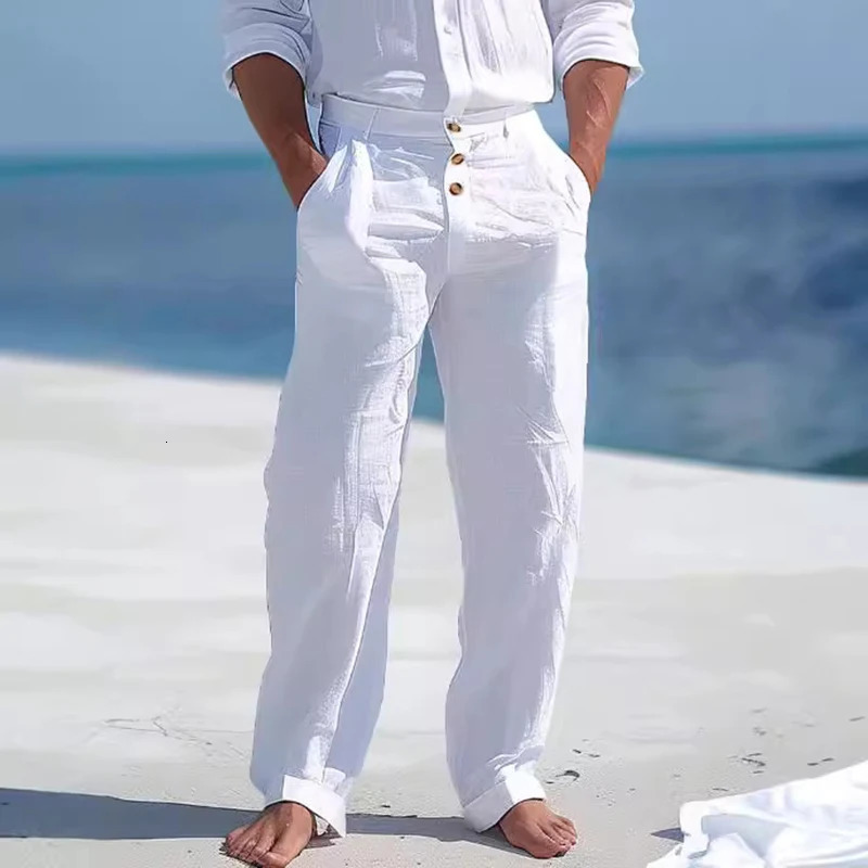Autumn Vintage Buttonup Cotton Linen Pants Men Solid Color Loose Straight For Mens Seaside Beach Style Casual Male 240806
