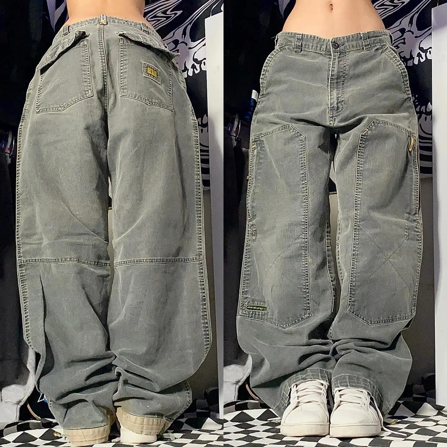 Stitching Pocket Jeans Ladies Y2K High Street Retro Loose Fashion Wide-leg Pants High Waist Casual Denim Pants Trousers 240807